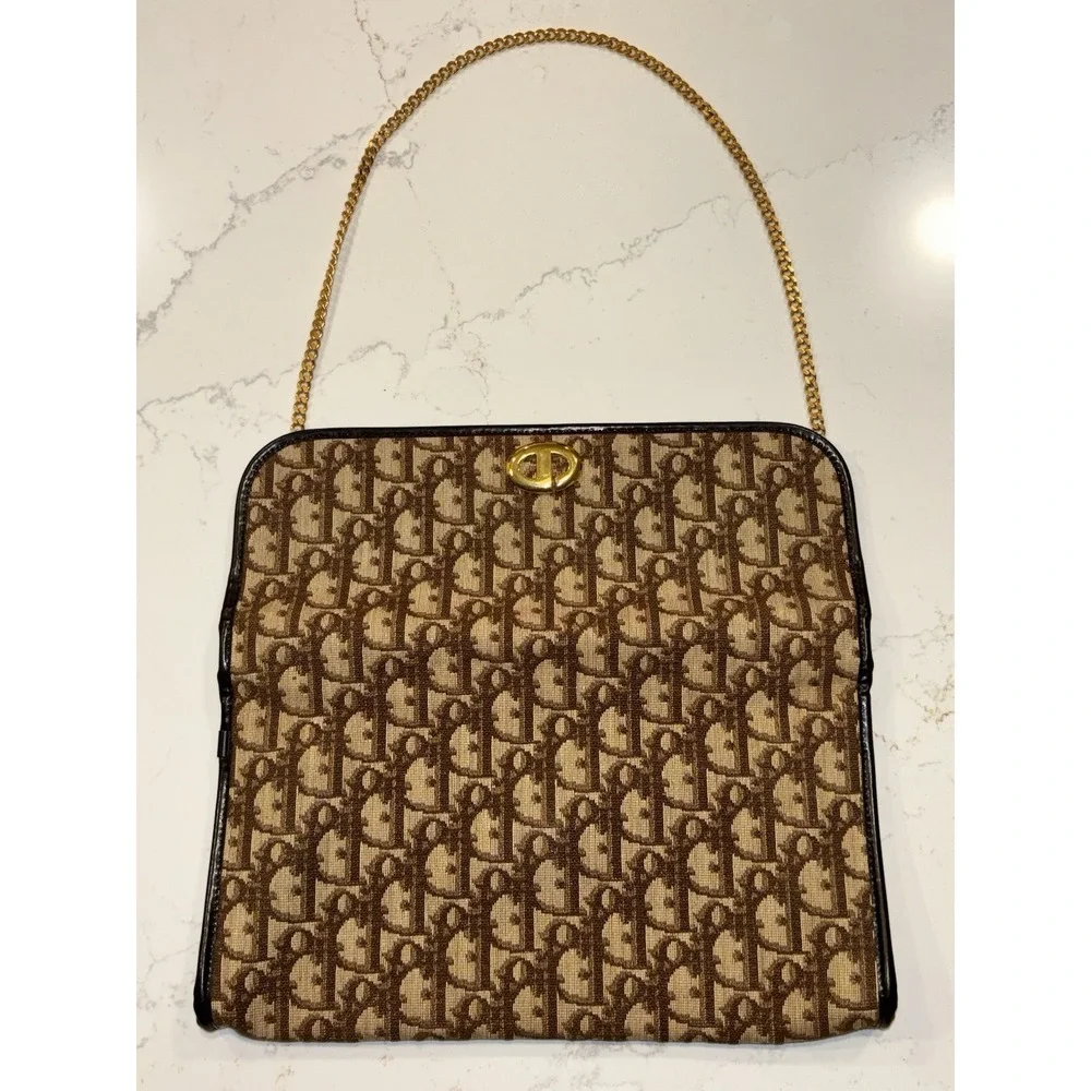 Dior Monogram Trotter Beige Brown Clutch Bag Gold Chain Shoulder Bag